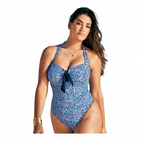 NEW Swimsuits for All Tie Front Halter One Piece Blue Pink Halter Swimsuit 16 - Picture 1 of 16